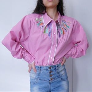 Bob Mackie Vintage 80s Pink Button Up Shirt with Ribbon Detail